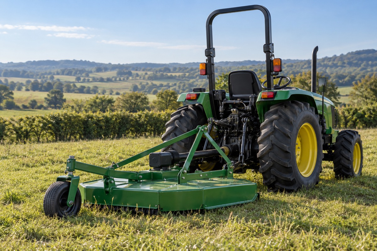Illustration of a parked tractor and rotary mower in a pasture